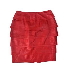 Deadstock Red Leather Tiered Mini Skirt Size 10 Evan Arpelli Office Siren